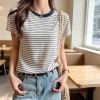 A small round-neck loose, color-blocking striped off-the-shoulder short-sleeved T-shirt for women's wear, a new Korean-style, versatile, school-like casual top Item Picture